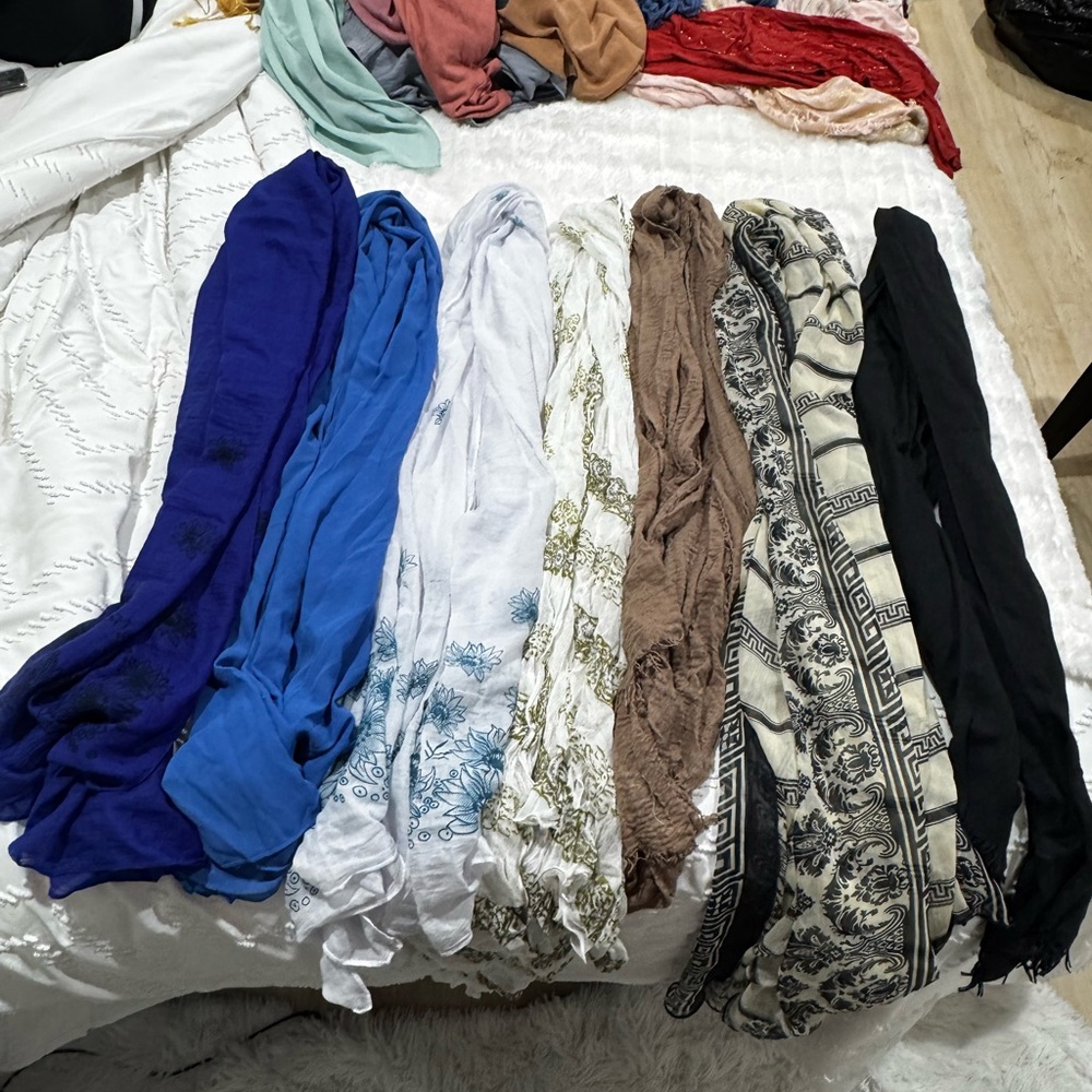 Assorted Lightweight Scarves - Blue, White, Tan, Black & Patterned